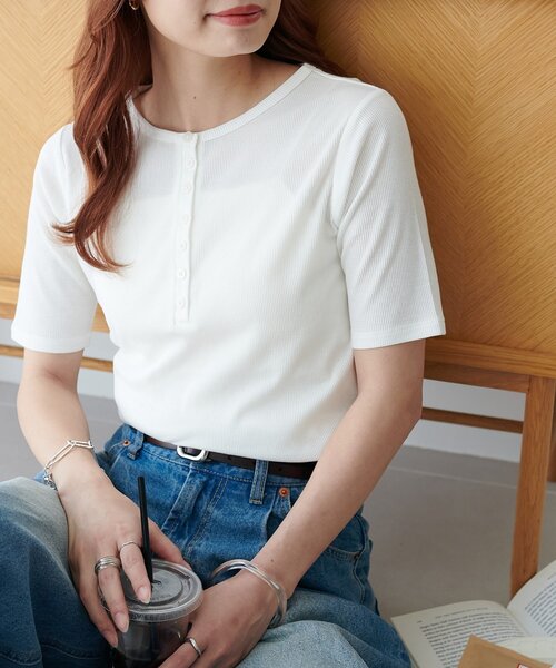tシャツ シアーリブトップス レディース Discoat tシャツ シアーリブヘンリー5分袖 レディース