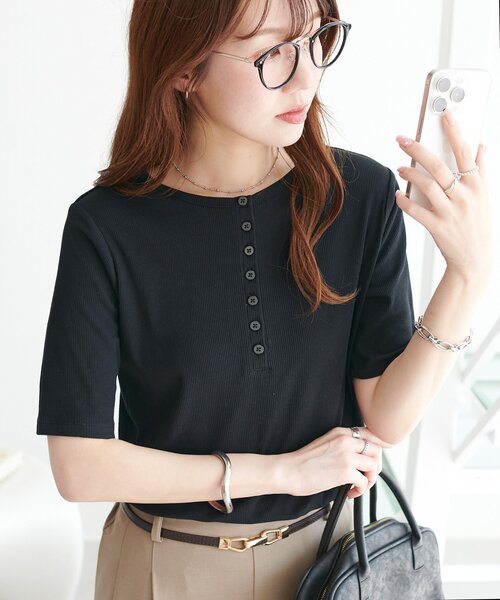 tシャツ シアーリブトップス レディース Discoat tシャツ シアーリブヘンリー5分袖 レディース