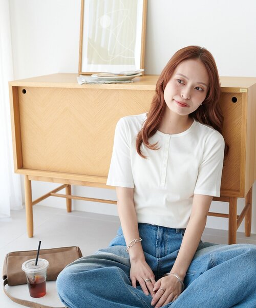 tシャツ シアーリブトップス レディース Discoat tシャツ シアーリブヘンリー5分袖 レディース