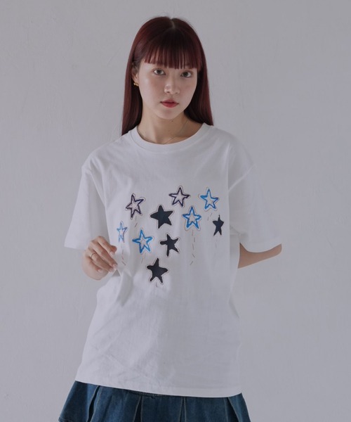 Uenui tシャツ 「 cunii 」 ステッチスター刺繍Tシャツ レディース