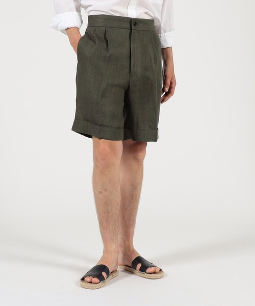 パンツ フレンチリネン バックベルト ショートパンツ メンズの画像