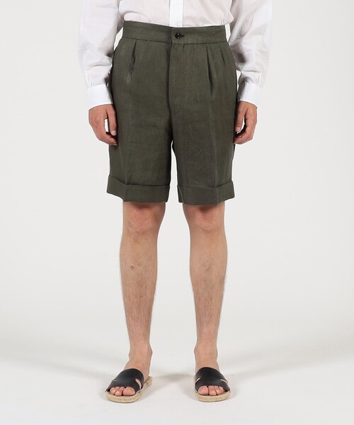 パンツ フレンチリネン バックベルト ショートパンツ メンズの画像