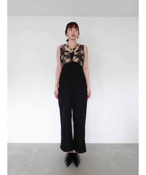 sahara オールインワン Cross Neck Jacquard Jumpsuits/クロスネック