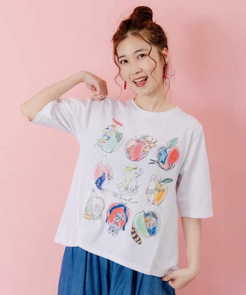 tシャツ 151702-1：アニマルリンゴ柄Tシャツ レディース メンズ