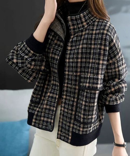 ブルゾン アウター チェック柄ジップアップジャケット レディース