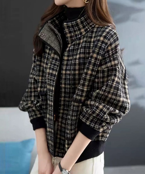 ブルゾン アウター チェック柄ジップアップジャケット レディース