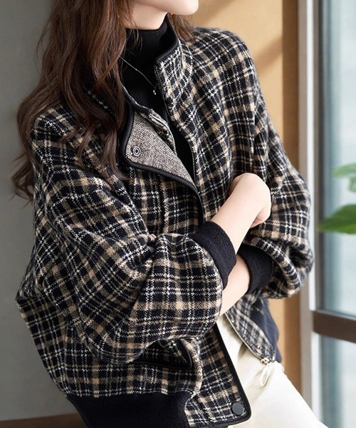 ブルゾン アウター チェック柄ジップアップジャケット レディース