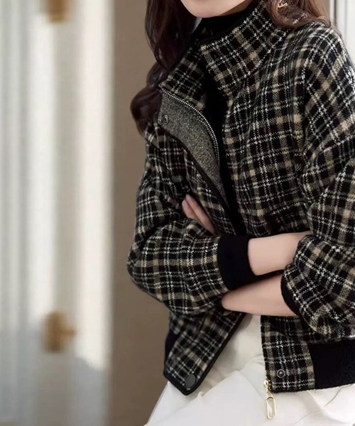 ブルゾン アウター チェック柄ジップアップジャケット レディース