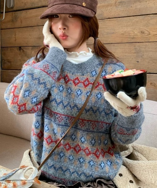 DIAVEL ニット セーター 「秋冬新作」ノルディック柄フェアアイル