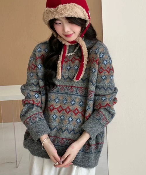 DIAVEL ニット セーター 「秋冬新作」ノルディック柄フェアアイル