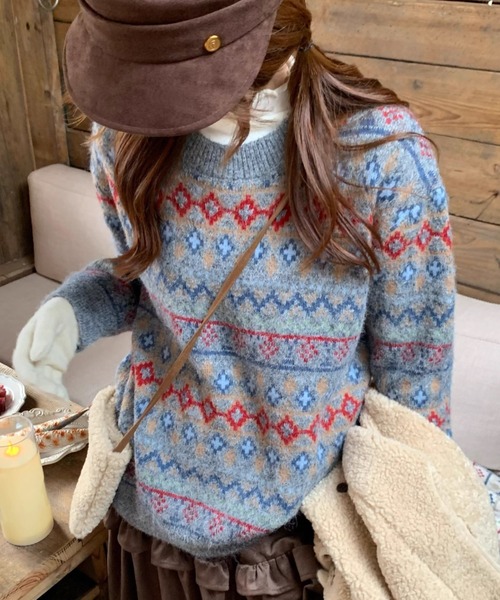 DIAVEL ニット セーター 「秋冬新作」ノルディック柄フェアアイル