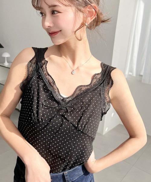 moment+ タンクトップ ノースリーブ ドットプリントテレコリブフロント