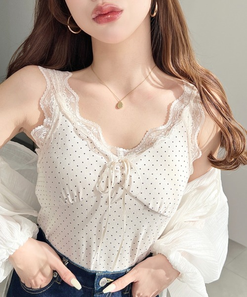【新品】リボン付きタンクトップ レース付き＊Aライン＊ノースリーブ＊カットソー moment+ タンクトップ ノースリーブ ドットプリントテレコリブフロント