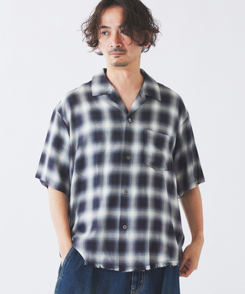 シャツ レーヨン アンカット フリンジ オンブレーチェック 半袖シャツ メンズの画像