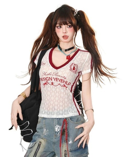 新品タグ付き d.i.a. 半袖Tシャツ y2k tシャツ 半袖 Y2K 刺繍 透け感レース フィット T シャツ レディース