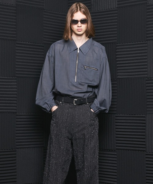 nkmr ストライプ ハーフジップ 長袖シャツ ネイビー　トップスのみ MAISON SPECIAL（メゾンスペシャル） シャツ 「UNISEX」T/W Sheer