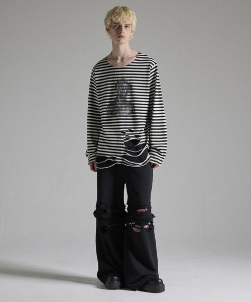 grancy グラフィック ダメージ ロング Tシャツ ブラック s GRANCY tシャツ 「GRANCY」Graphic Damage LongTee / グラフィック