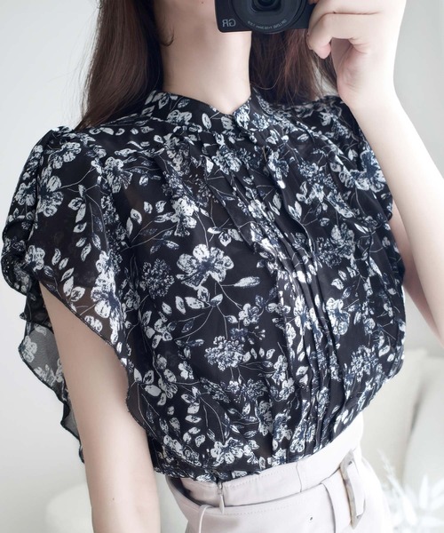 極美品♡レリアン　シアーブラウス　花柄　バラ　ダブルフリルカラー　シースルー mily bilet ブラウス シャツ 「mily bilet」上品レディライク