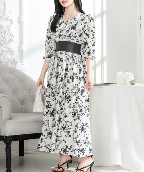 「私に物語を聞かせて」フラワープリント Vネック ワンピース フラワープリントVネックワンピース 私に物語を聞かせて」フラワー