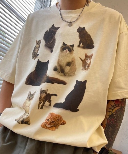 猫プリントTシャツ FreeZone tシャツ Y2k猫プリントTシャツ メンズ レディース