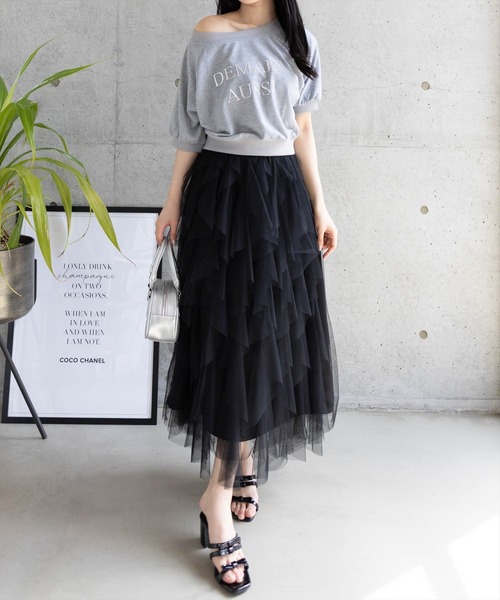 ロングスカート　リボン　フリル　チュール clear スカート 「低身長サイズ有」チュールフリルロング