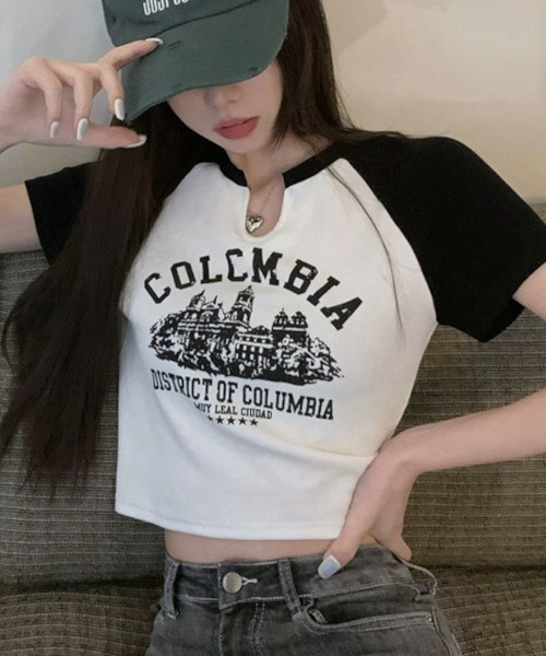 tシャツ バイカラーロゴプリントクロップトップス レディース