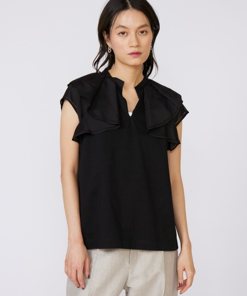 tシャツ ラッフルカラードッキングプルオーバー レディース