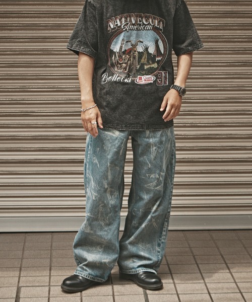 ALL RUNS ジーンズ Bleached wide denim pants / ブリーチ加工 ワイド