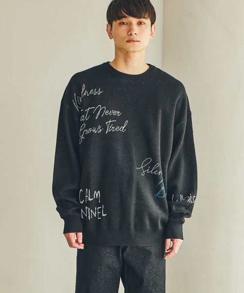 希少3L★ビッグロゴニット 背面総柄 ウール ベロア刺繍ロゴ ブラック 日本製 LAKOLE（ラコレ） セーター ニット トビガラ刺繍ニットプルオーバー