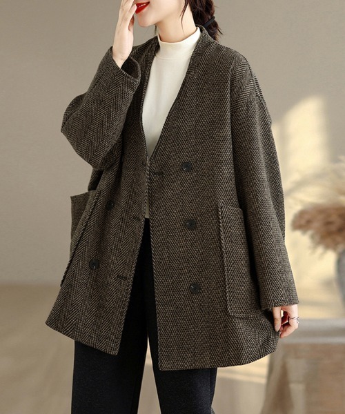 コート チェスターコート ヘリンボーン柄ダブルボタンコート
