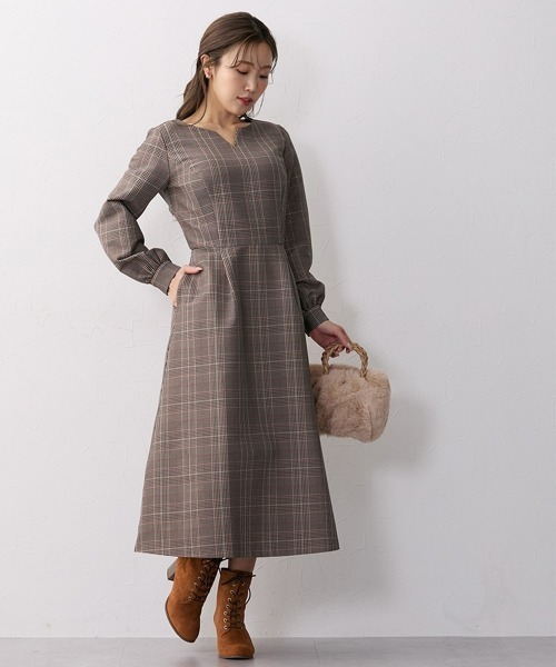 美品 ローラアシュレイ　ロングワンピース　フレア　チェック　リボン　長袖　L Laura Ashley（ローラ アシュレイ）の通販 | レディースのワンピース