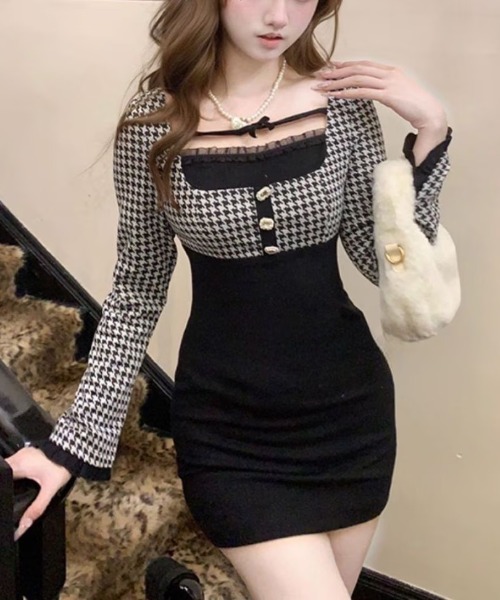 RED VALENTINO 千鳥柄リボンワンピース　ネイビー gossip!ロサンゼルス ワンピース Y2K 千鳥柄リボン ドッキング