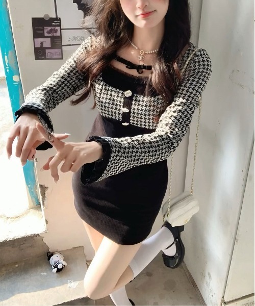 gossip!ロサンゼルス ワンピース Y2K 千鳥柄リボン ドッキング