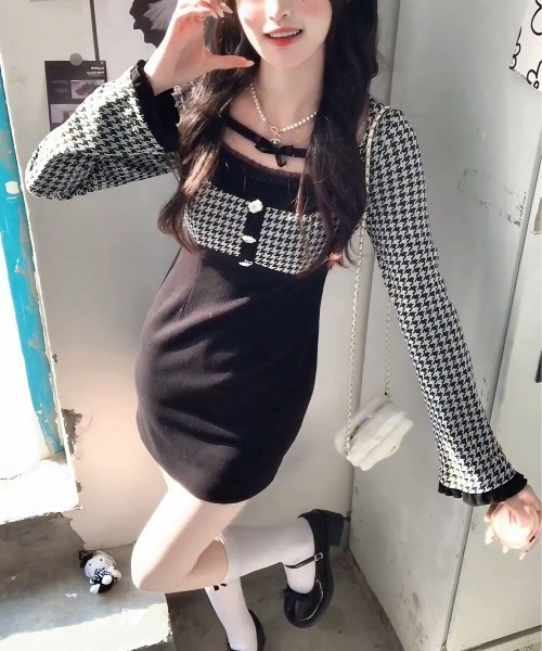 gossip!ロサンゼルス ワンピース Y2K 千鳥柄リボン ドッキング