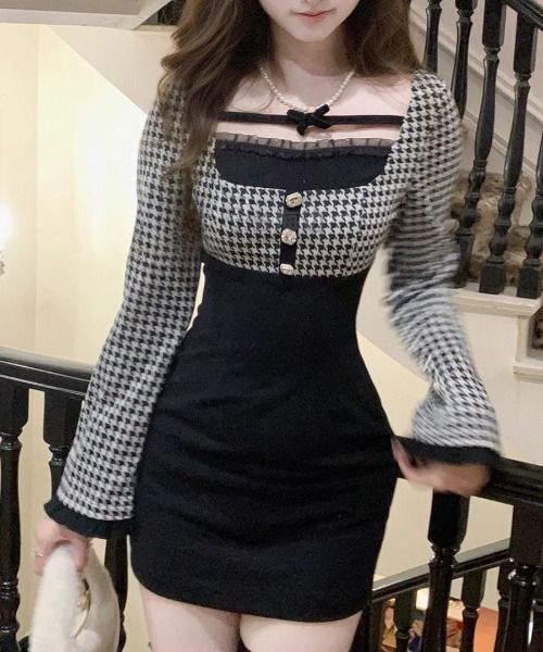 gossip!ロサンゼルス ワンピース Y2K 千鳥柄リボン ドッキング