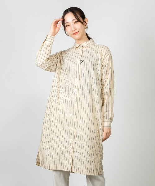 【極美品】PICONE ピッコーネ リネンシャツワンピース メガネ ビーズ STUDIO PICONE（スタジオピッコーネ） ワンピース 綿麻ストライプ