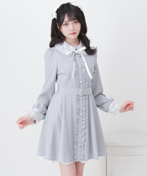 【Drawer】グレーの長袖ひざ丈ワンピース フリル付き あったか裏起毛 フリルレース パール付き ワンピース Prima Scherrer