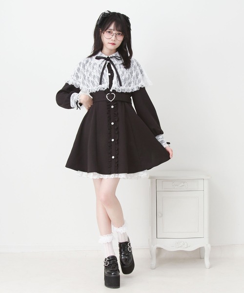 【美品】room306contemporary バックオープンフリル ワンピース DearMyLove ワンピース 2wayレースケープフリルパールワンピース