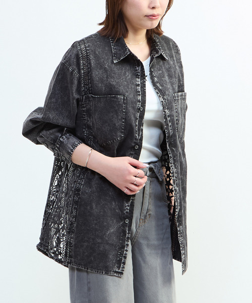 CONVERSE TOKYO ブラウス シャツ ACID WASHING LACE DOCKING SHIRT