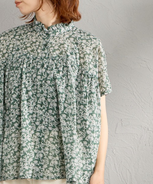SOIL（ソイル） ブラウス シャツ 半袖 コットンボイル 2トーンフラワー