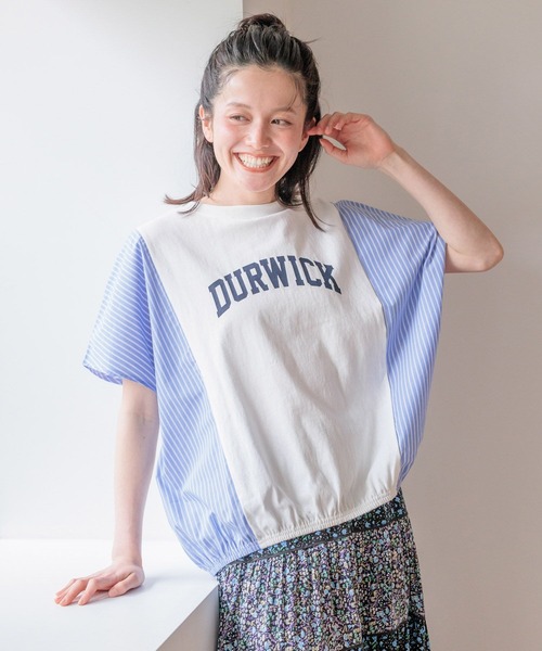 tシャツ 半袖 ストライプ切り替えロゴTシャツ レディース | studio CLIP