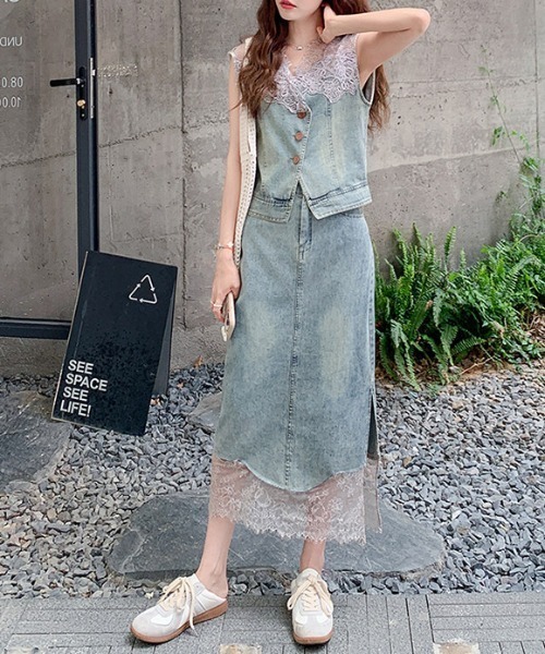 FAVORITO セットアップ デニムノースリーブトップススカート