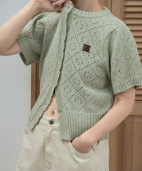lawgy オープンワークアクセントパッチハーフスリーブニット lawgy（ラウジー） カーディガン 半袖 openwork accent patch half