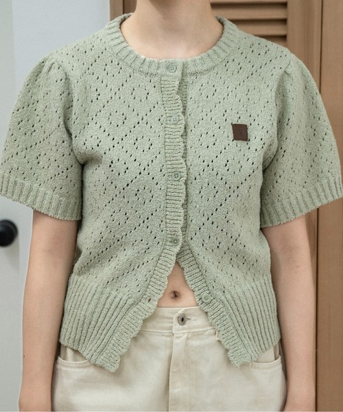 lawgy オープンワークアクセントパッチハーフスリーブニット ミント lawgy（ラウジー） カーディガン 半袖 openwork accent patch half