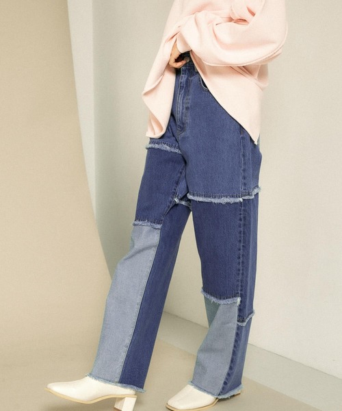 パンツ デニム ジーンズ パッチワークストレートデニム18