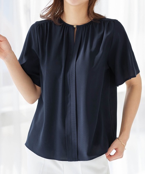 tシャツ ベロアギャザー半袖ブラウス レディース alotta ブラウス シャツ 前後2WAYギャザーブラウス（半袖