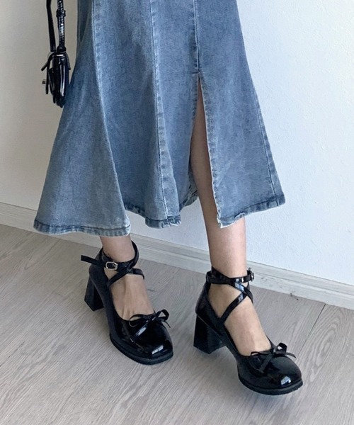 パンプス 「トレンドアイテム！」ブロックヒールリボンパンプス