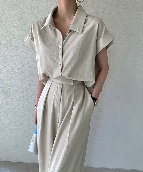 セットアップ ノースリーブ パンツ フレンチコットン 4collors F Doula セットアップ フレンチスリーブシャツ＆タックパンツ 2点