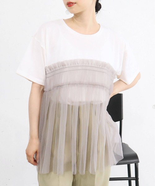 tシャツ チュールドッキングロゴＴシャツ「CLEAR_CREA」 レディース FREAK'S STORE/＜新色追加＞フリルチュールドッキングTシャツ