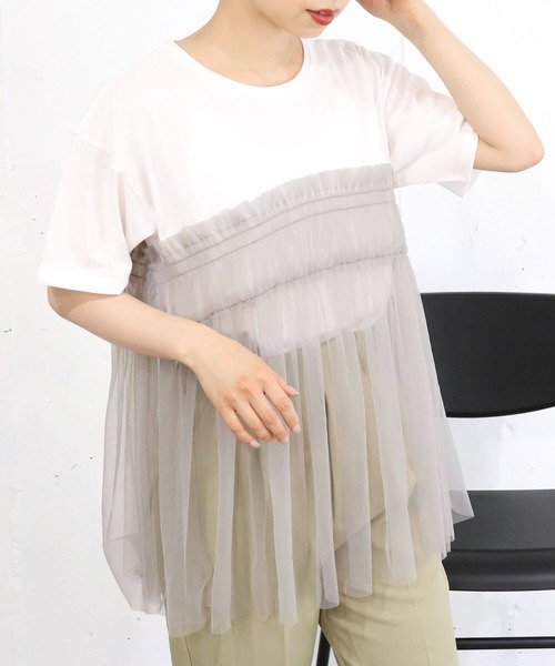 tシャツ チュールドッキングシシュウTシャツ「手洗い可能」 レディース チュールドッキングTシャツ【洗濯機洗い可】（Tシャツ
